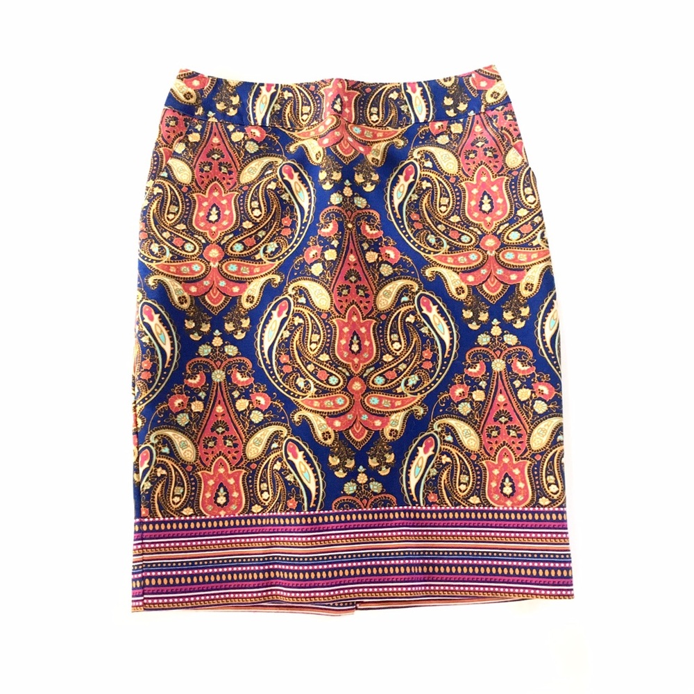 Vintage Y2K Merona Cobalt Pink Gold Paisley Stretch Sateen Pencil Skirt Sz 4
